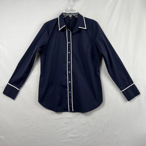 Ann Taylor Tops - Ann Taylor Blouse Womens 14 Navy Blue Button Up Long Sleeve Capsule Wardrobe